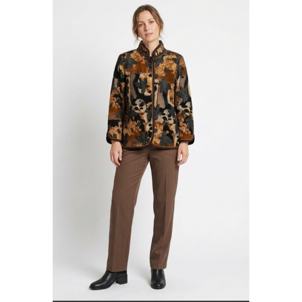 Coldwater Creek Tapestry Jacket Womens S Brown Oversized Mandarin Collar Boho